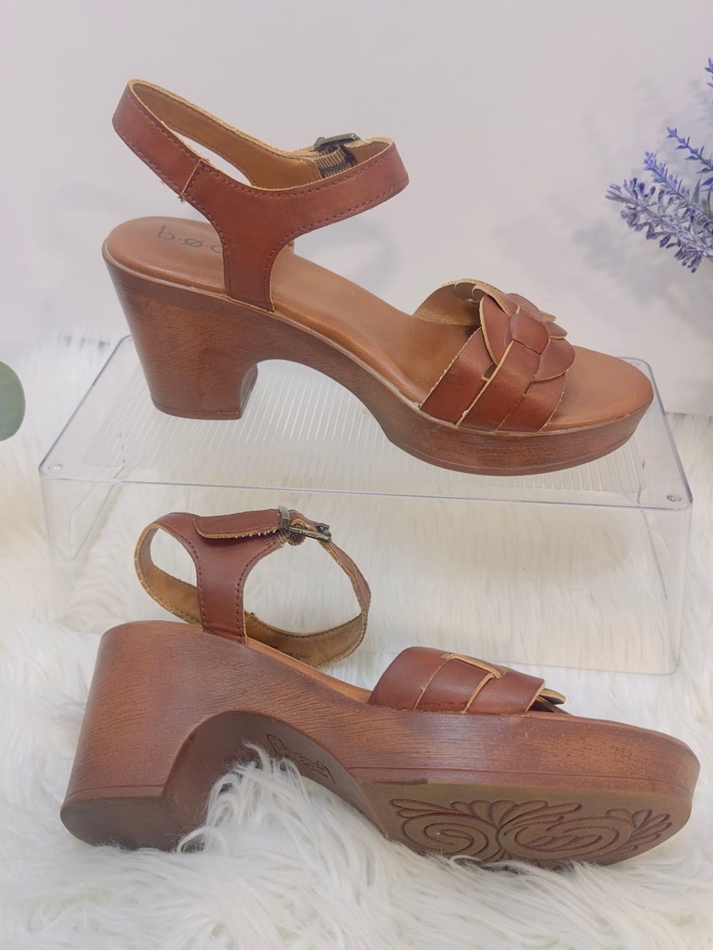 b.o.c. Brown Leather Wedge Sandals with Braided Front